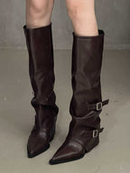 High-top belt buckle pointed toe thick-heeled boots - Eliza-Warszawa
