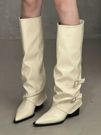 High-top belt buckle pointed toe thick-heeled boots - Eliza-Warszawa