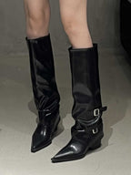 High-top belt buckle pointed toe thick-heeled boots - Eliza-Warszawa