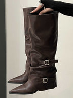 High-top belt buckle pointed toe thick-heeled boots - Eliza-Warszawa