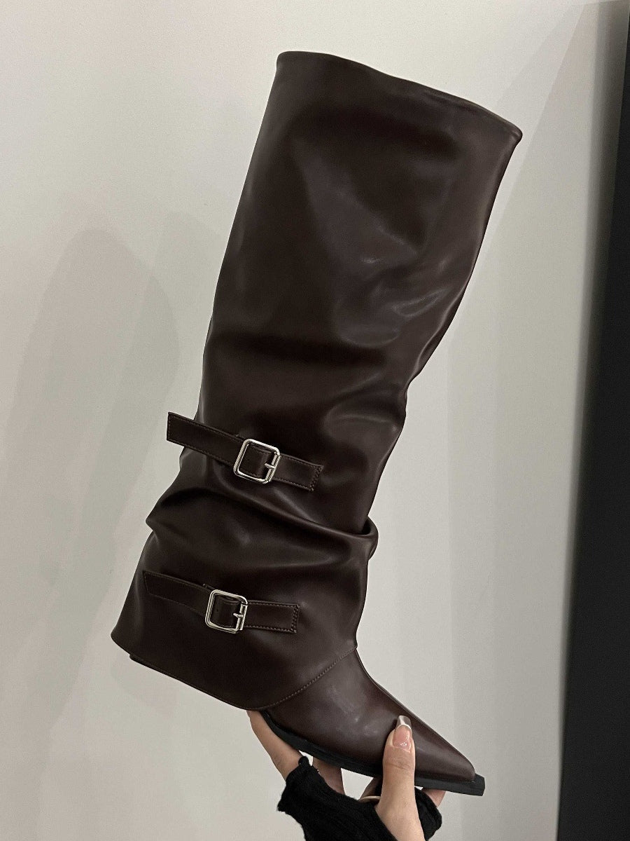 High-top belt buckle pointed toe thick-heeled boots - Eliza-Warszawa