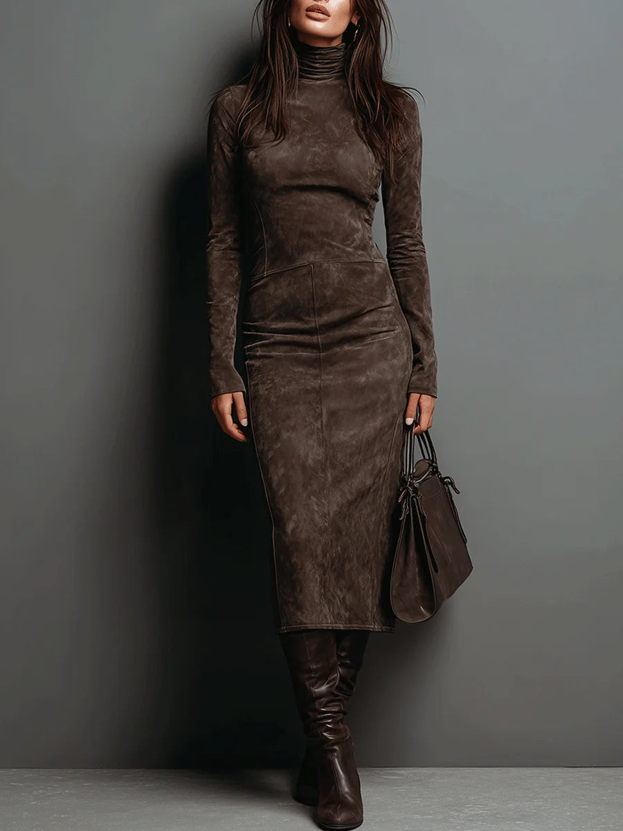 High Neck Long Sleeve Suede Midi Dress - Eliza-Warszawa