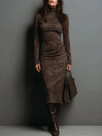 High Neck Long Sleeve Suede Midi Dress - Eliza-Warszawa