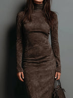 High Neck Long Sleeve Suede Midi Dress - Eliza-Warszawa