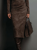 High Neck Long Sleeve Suede Midi Dress - Eliza-Warszawa