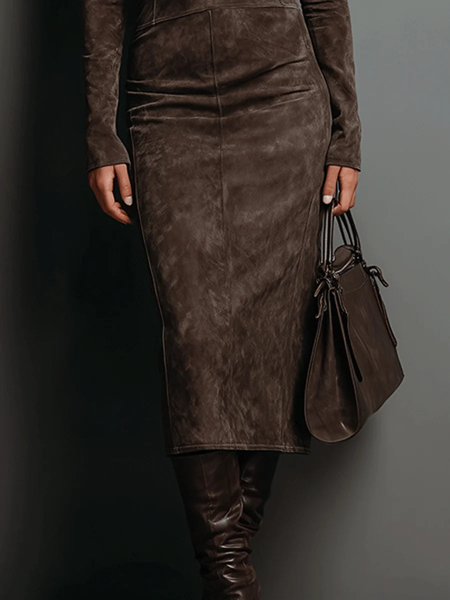 High Neck Long Sleeve Suede Midi Dress - Eliza-Warszawa