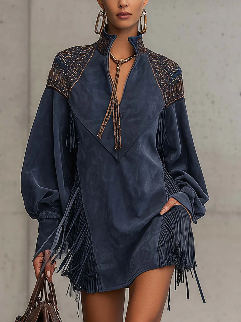 Indigo Faux Suede Embroidered Tassel Mini Dress - Eliza-Warszawa