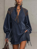Indigo Faux Suede Embroidered Tassel Mini Dress - Eliza-Warszawa