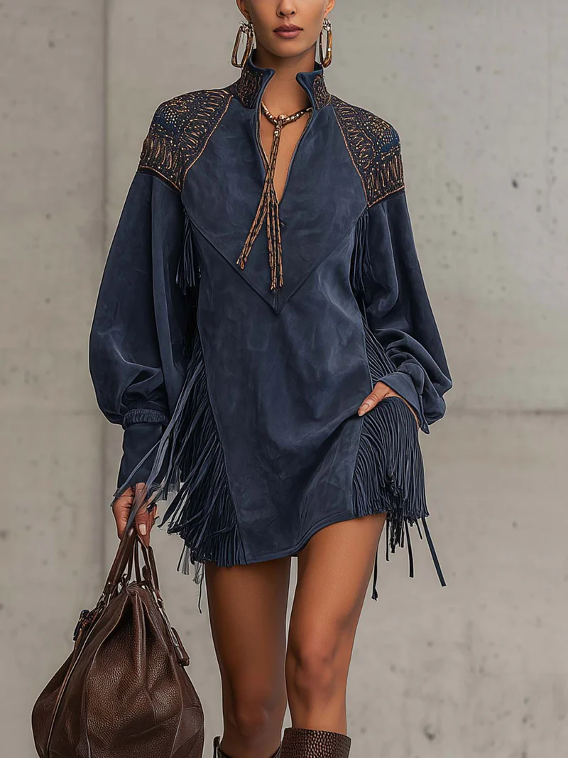 Indigo Faux Suede Embroidered Tassel Mini Dress - Eliza-Warszawa