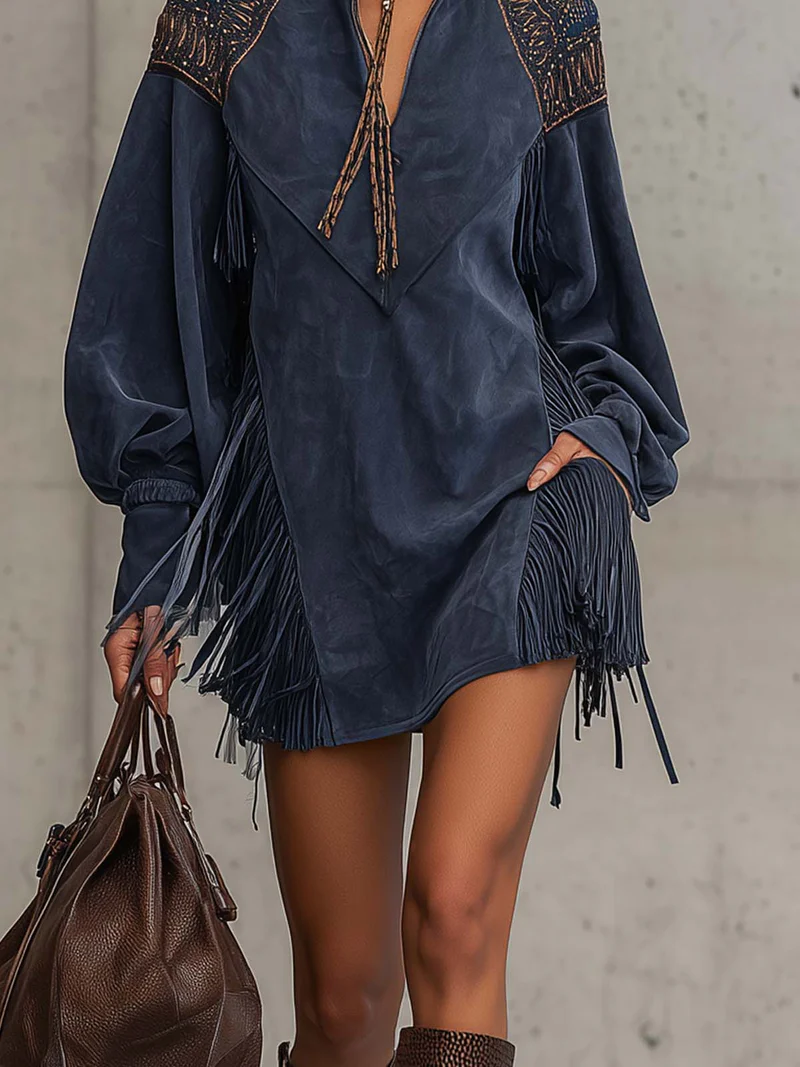 Indigo Faux Suede Embroidered Tassel Mini Dress - Eliza-Warszawa