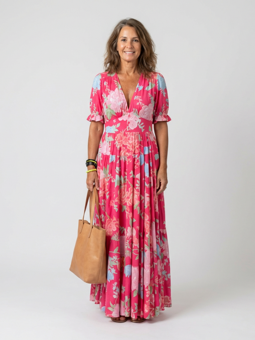 Ione - Short Sleeve V Neck Floral Midi Dress - Eliza-Warszawa