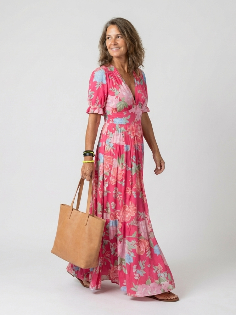 Ione - Short Sleeve V Neck Floral Midi Dress - Eliza-Warszawa