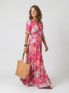Ione - Short Sleeve V Neck Floral Midi Dress - Eliza-Warszawa
