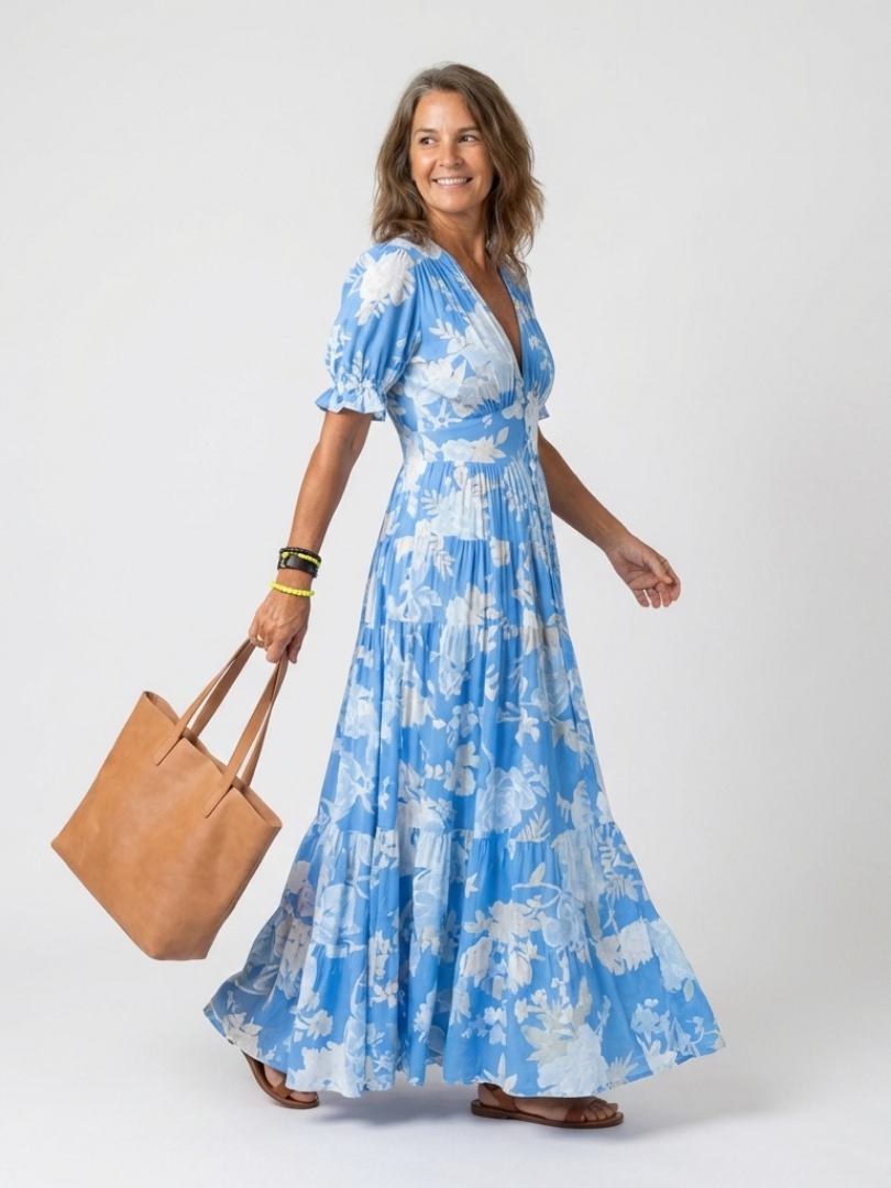 Ione - Short Sleeve V Neck Floral Midi Dress - Eliza-Warszawa