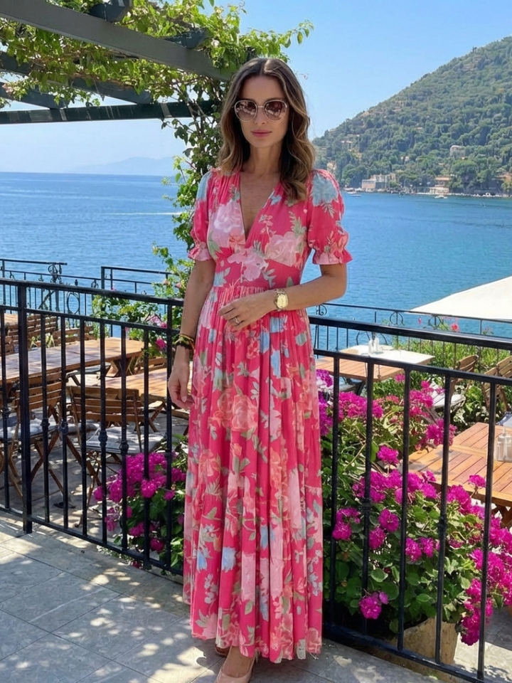 Ione - Short Sleeve V Neck Floral Midi Dress - Eliza-Warszawa