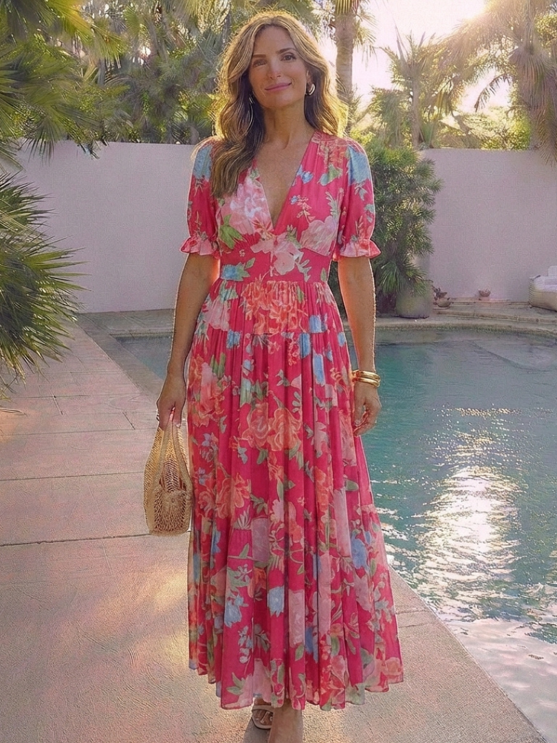 Ione - Short Sleeve V Neck Floral Midi Dress - Eliza-Warszawa