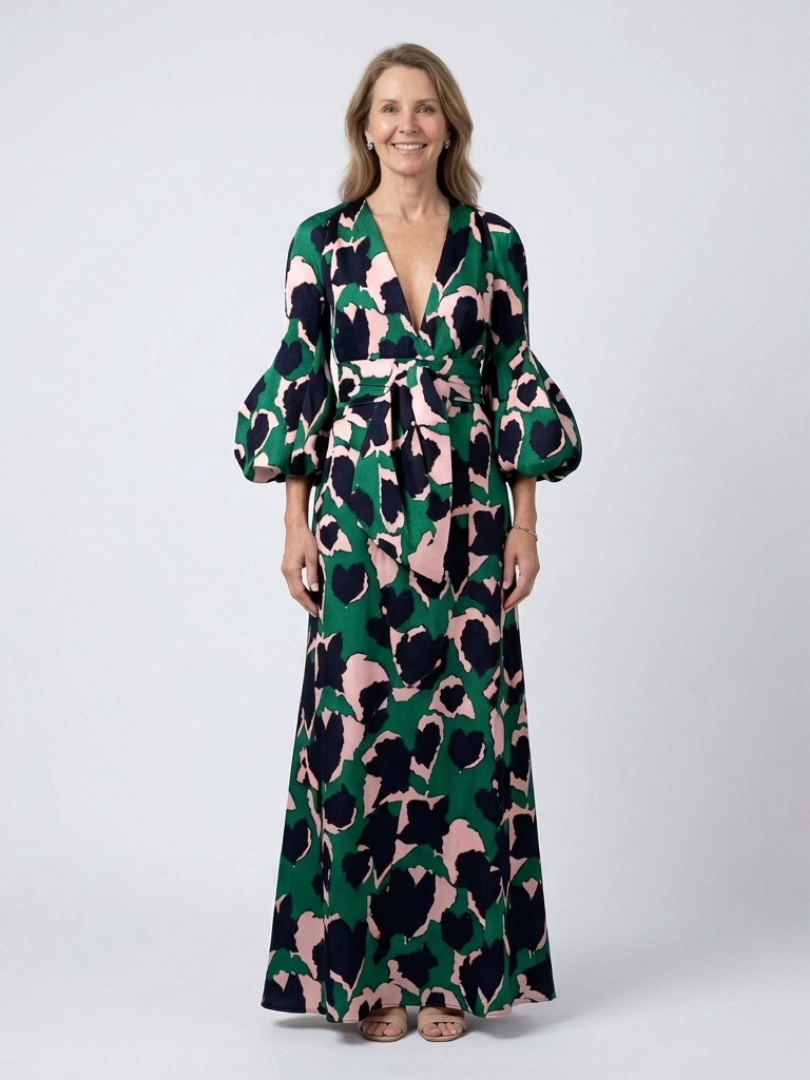 Isolde | Long-sleeved maxi dress with a V-shaped tie belt - Eliza-Warszawa