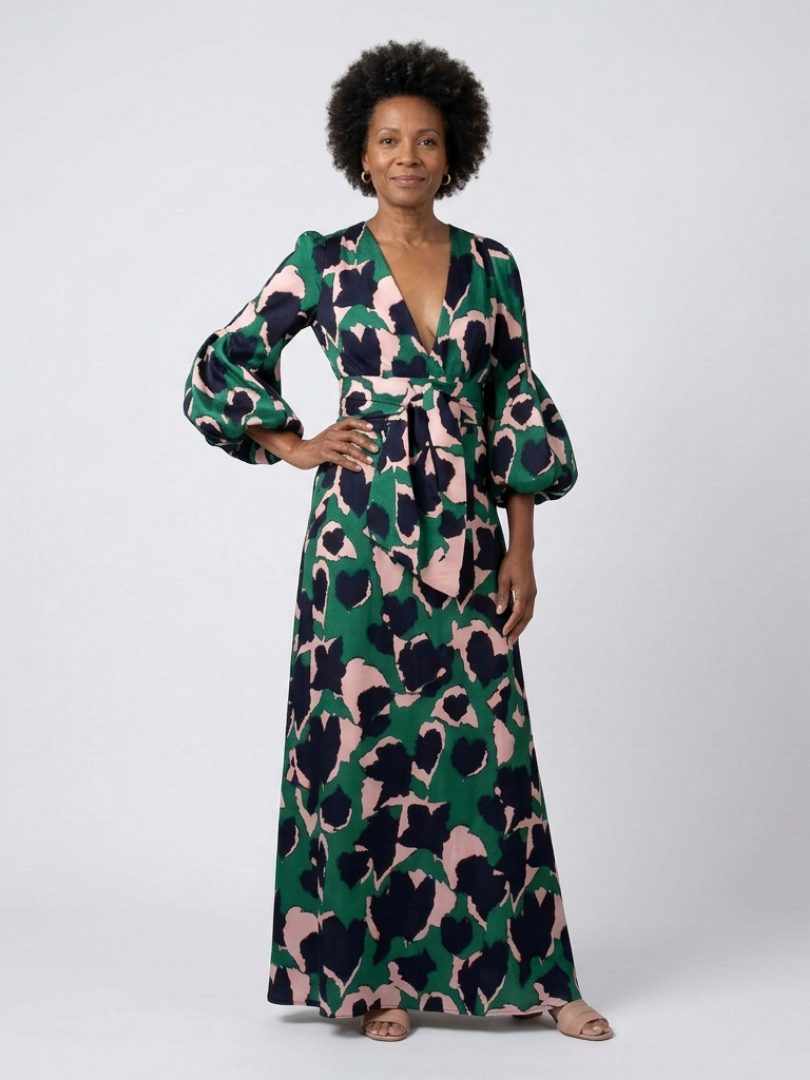 Isolde | Long-sleeved maxi dress with a V-shaped tie belt - Eliza-Warszawa