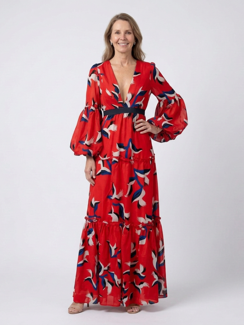 Isolde | Long-sleeved maxi dress with a V-shaped tie belt - Eliza-Warszawa