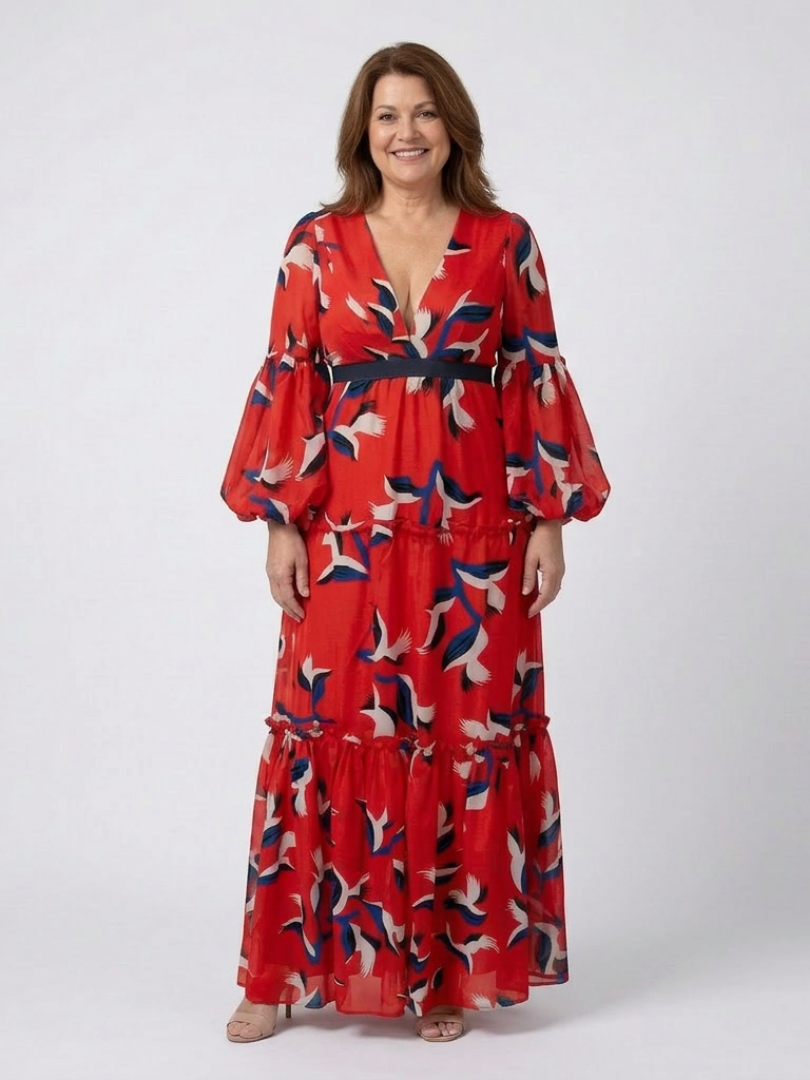 Isolde | Long-sleeved maxi dress with a V-shaped tie belt - Eliza-Warszawa