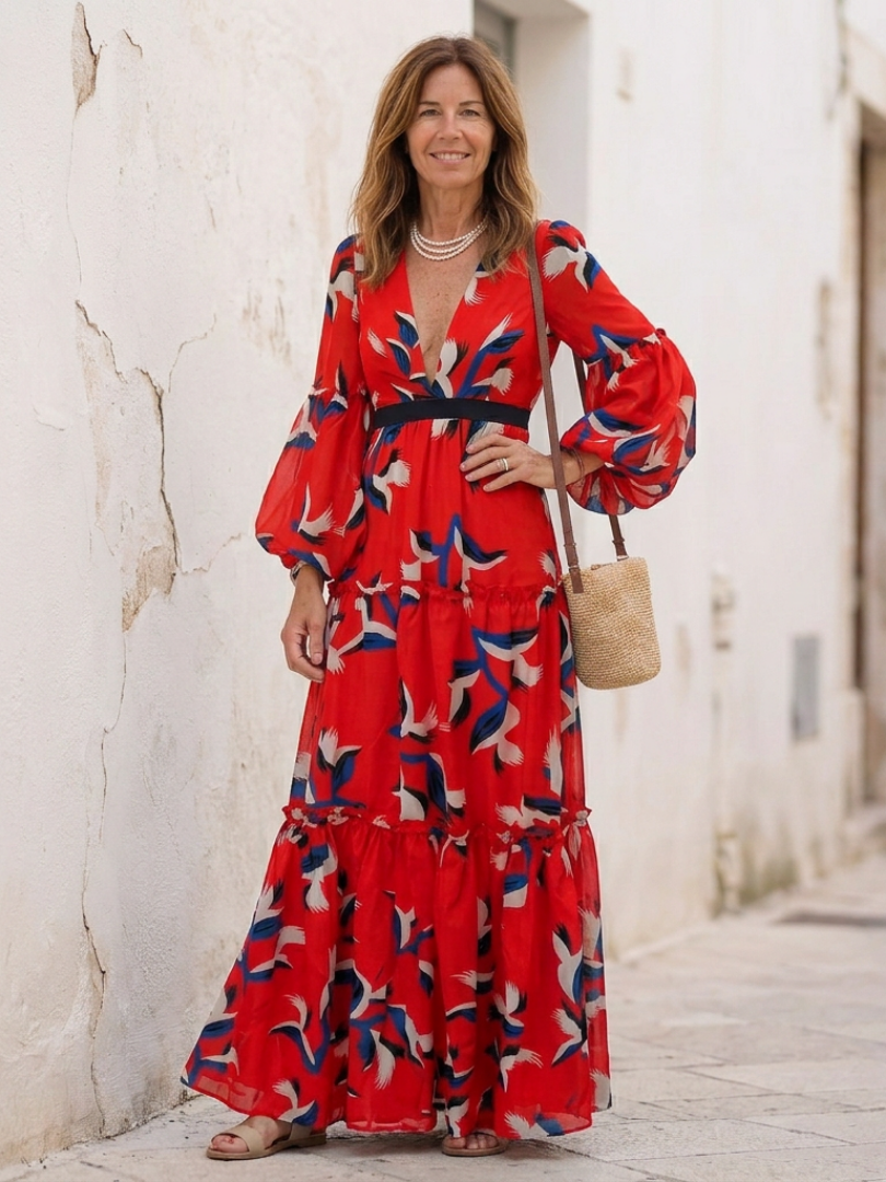 Isolde | Long-sleeved maxi dress with a V-shaped tie belt - Eliza-Warszawa