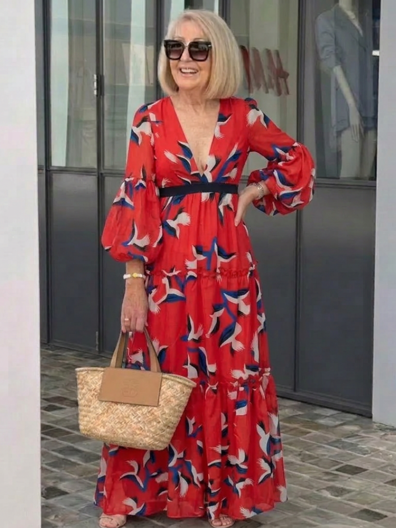 Isolde | Long-sleeved maxi dress with a V-shaped tie belt - Eliza-Warszawa