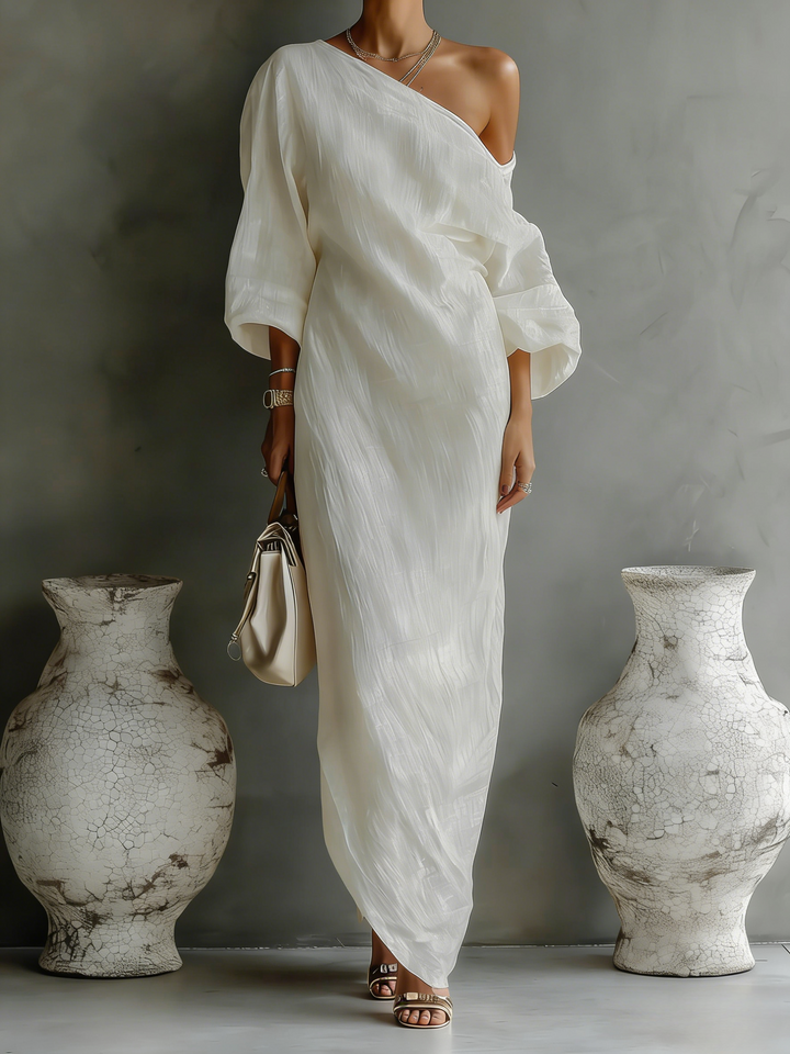 Ivory White One-Shoulder Cotton-Linen Maxi Dress - Eliza-Warszawa