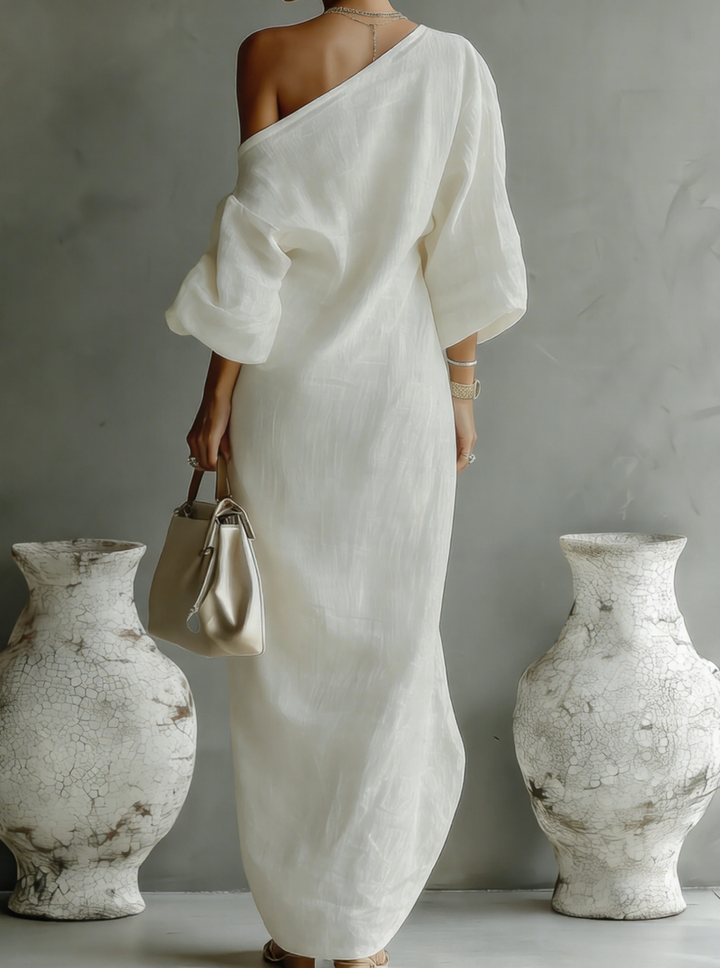 Ivory White One-Shoulder Cotton-Linen Maxi Dress - Eliza-Warszawa