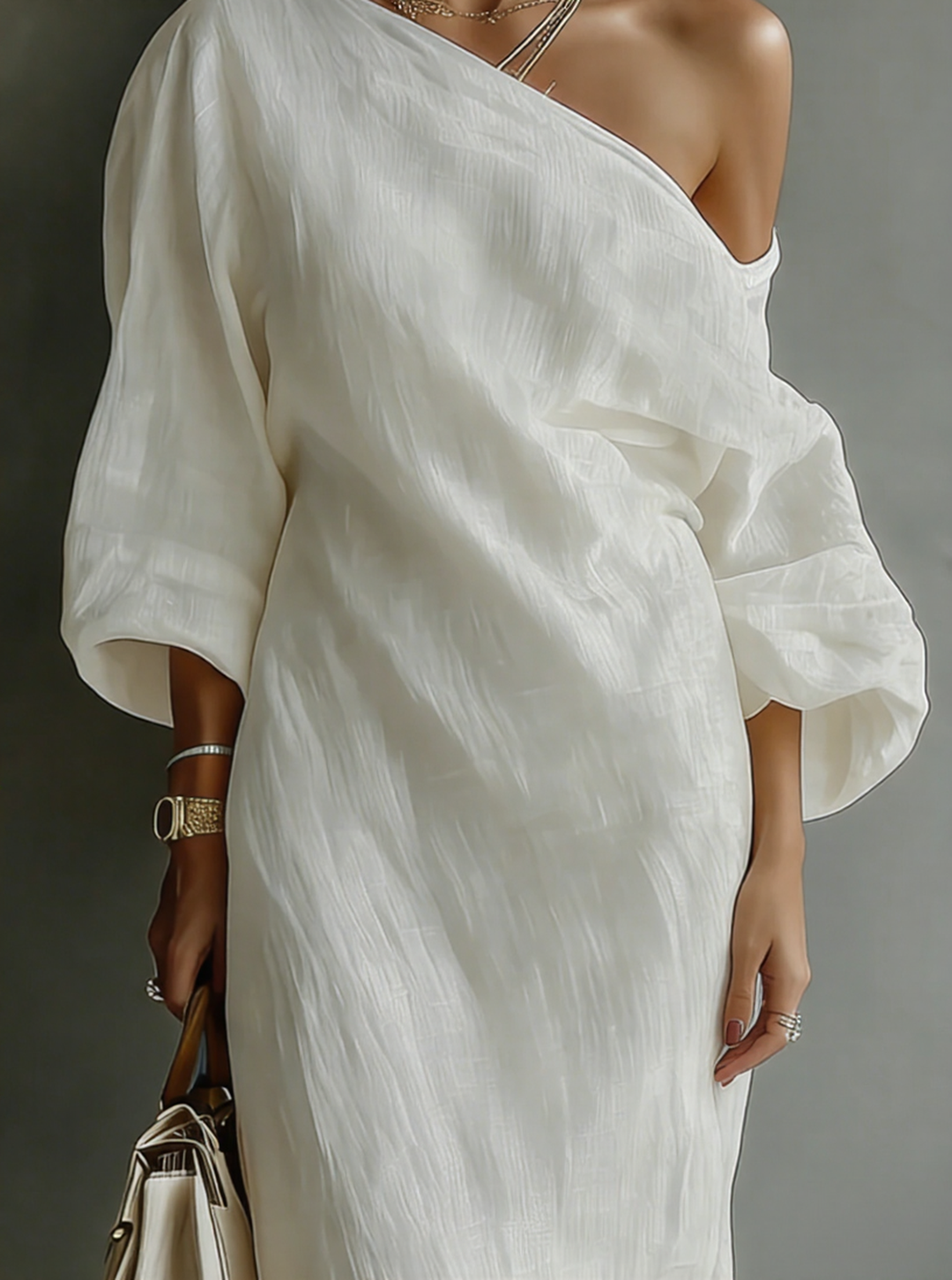 Ivory White One-Shoulder Cotton-Linen Maxi Dress - Eliza-Warszawa