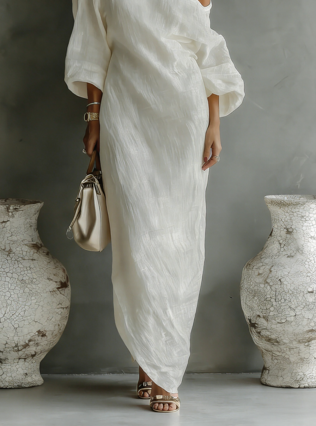 Ivory White One-Shoulder Cotton-Linen Maxi Dress - Eliza-Warszawa