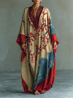 Japanese Red Plum Blossom Print Batwing Sleeve Maxi Dress - Eliza-Warszawa