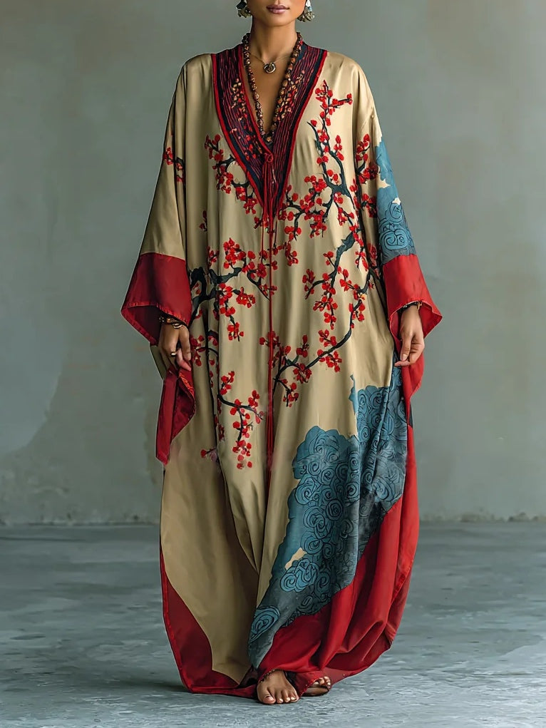 Japanese Red Plum Blossom Print Batwing Sleeve Maxi Dress - Eliza-Warszawa