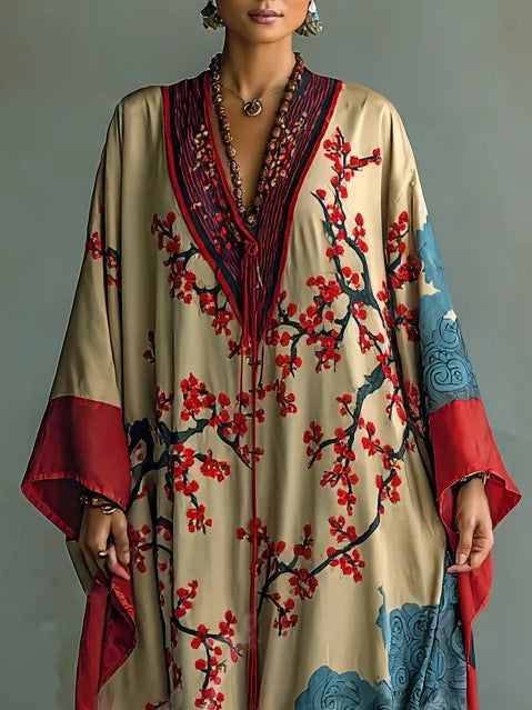 Japanese Red Plum Blossom Print Batwing Sleeve Maxi Dress - Eliza-Warszawa