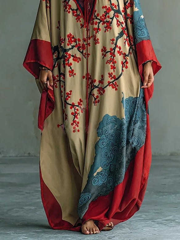 Japanese Red Plum Blossom Print Batwing Sleeve Maxi Dress - Eliza-Warszawa