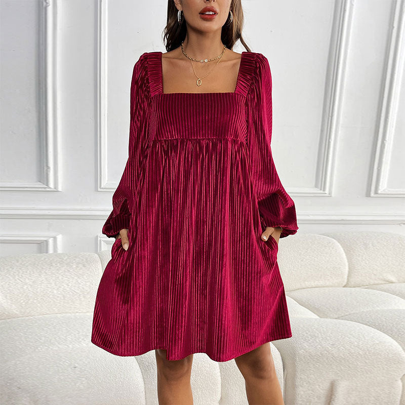 KEYZI™ - Cozy Plain Bishop Sleeve Square Neck Mini Dress - Eliza-Warszawa