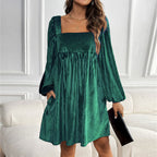 KEYZI™ - Cozy Plain Bishop Sleeve Square Neck Mini Dress - Eliza-Warszawa