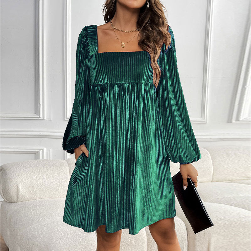 KEYZI™ - Cozy Plain Bishop Sleeve Square Neck Mini Dress - Eliza-Warszawa