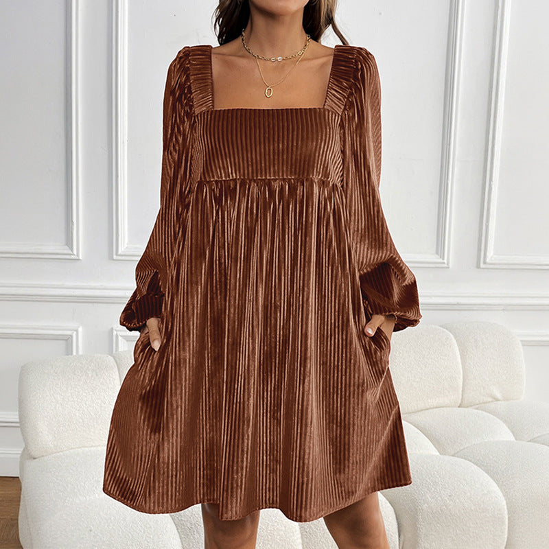 KEYZI™ - Cozy Plain Bishop Sleeve Square Neck Mini Dress - Eliza-Warszawa