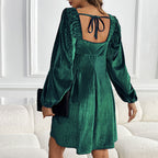 KEYZI™ - Cozy Plain Bishop Sleeve Square Neck Mini Dress - Eliza-Warszawa