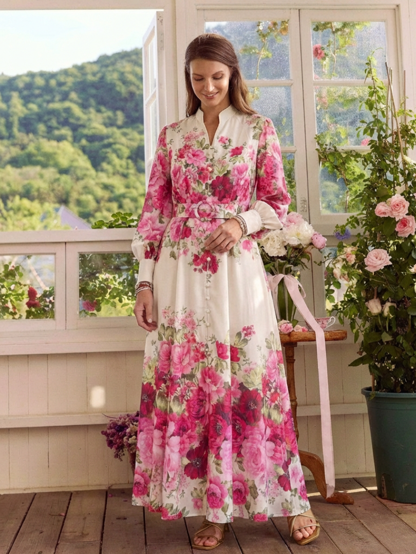 Kennedy - Long Sleeve Floral Belted Maxi Dress - Eliza-Warszawa