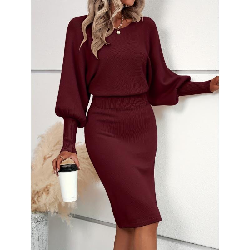 LEAH™ - Elegant Waisted Sweater Dress with Lantern Sleeves - Eliza-Warszawa