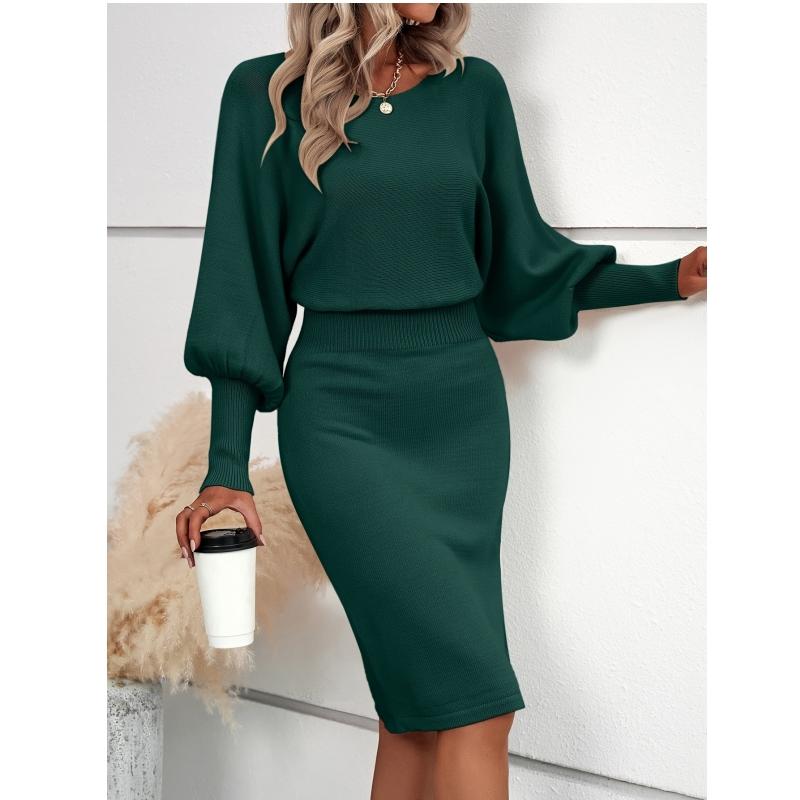 LEAH™ - Elegant Waisted Sweater Dress with Lantern Sleeves - Eliza-Warszawa