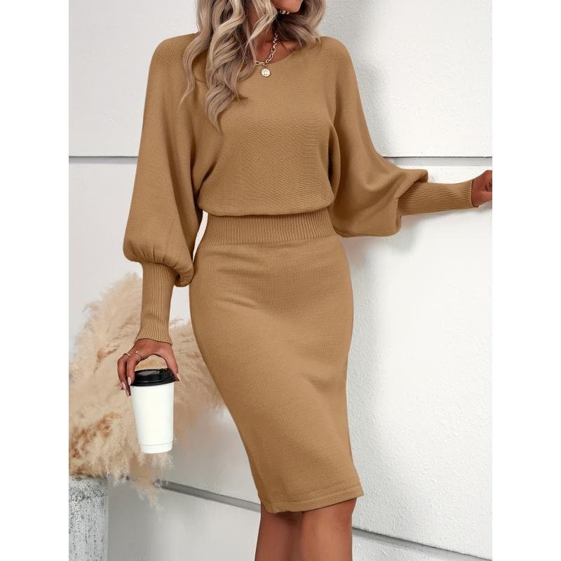 LEAH™ - Elegant Waisted Sweater Dress with Lantern Sleeves - Eliza-Warszawa