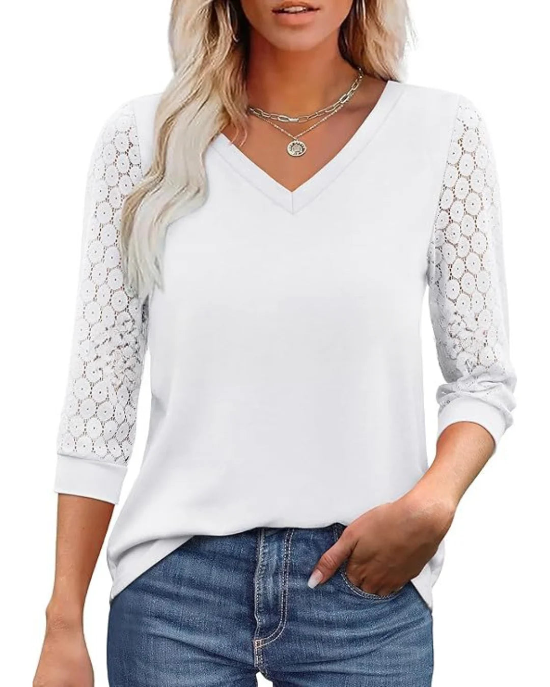 Amélie™ | Lace Sleeve Blouse with Elegant V-Neck - Eliza-Warszawa