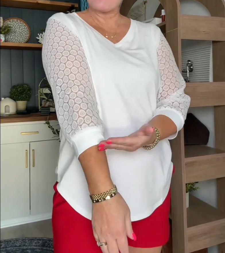 Amélie™ | Lace Sleeve Blouse with Elegant V-Neck - Eliza-Warszawa