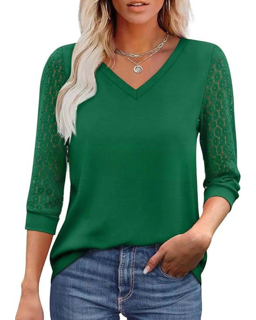 Amélie™ | Lace Sleeve Blouse with Elegant V-Neck - Eliza-Warszawa