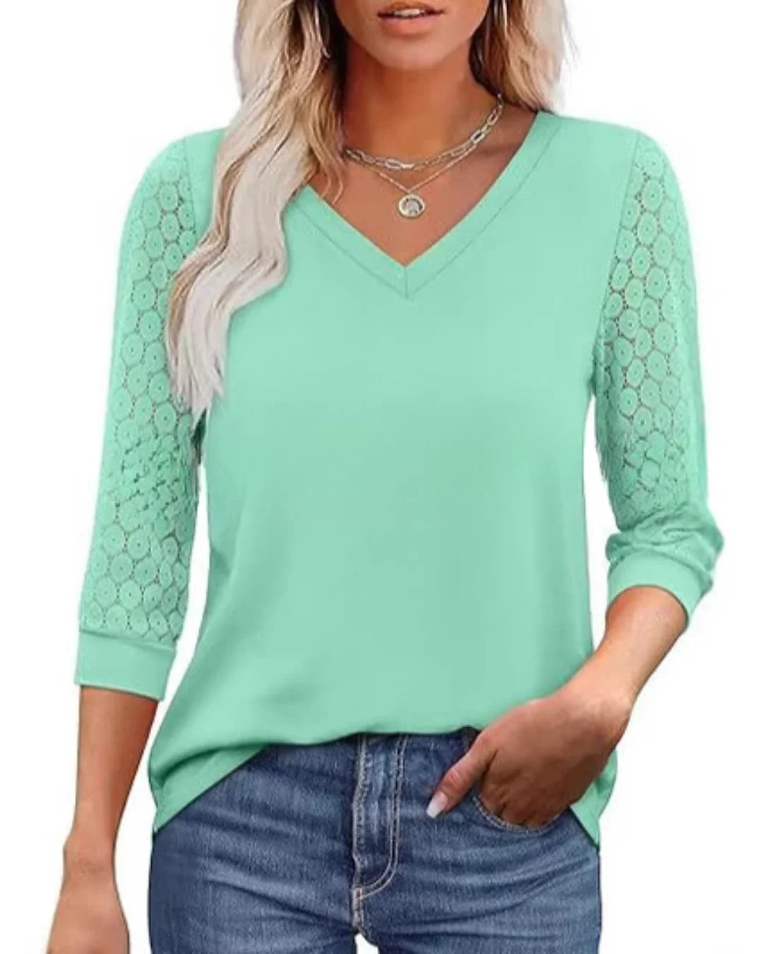 Amélie™ | Lace Sleeve Blouse with Elegant V-Neck - Eliza-Warszawa