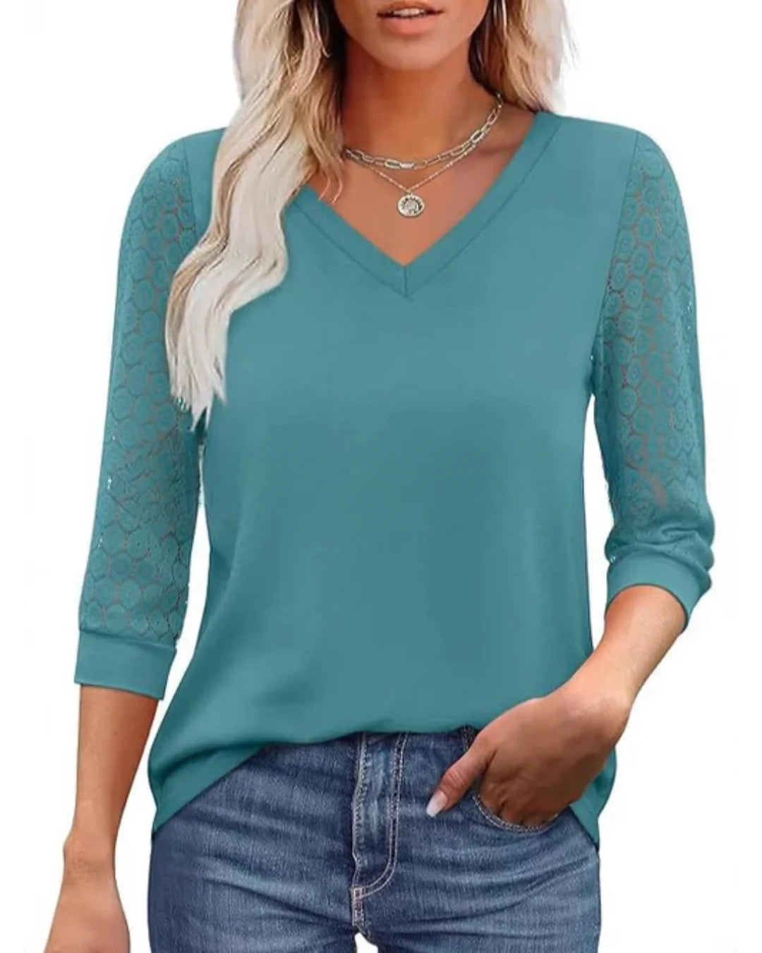Amélie™ | Lace Sleeve Blouse with Elegant V-Neck - Eliza-Warszawa