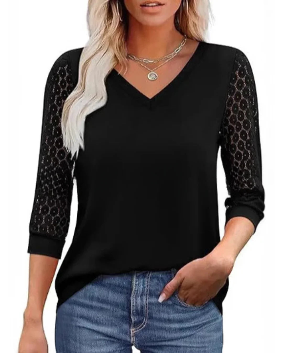 Amélie™ | Lace Sleeve Blouse with Elegant V-Neck - Eliza-Warszawa