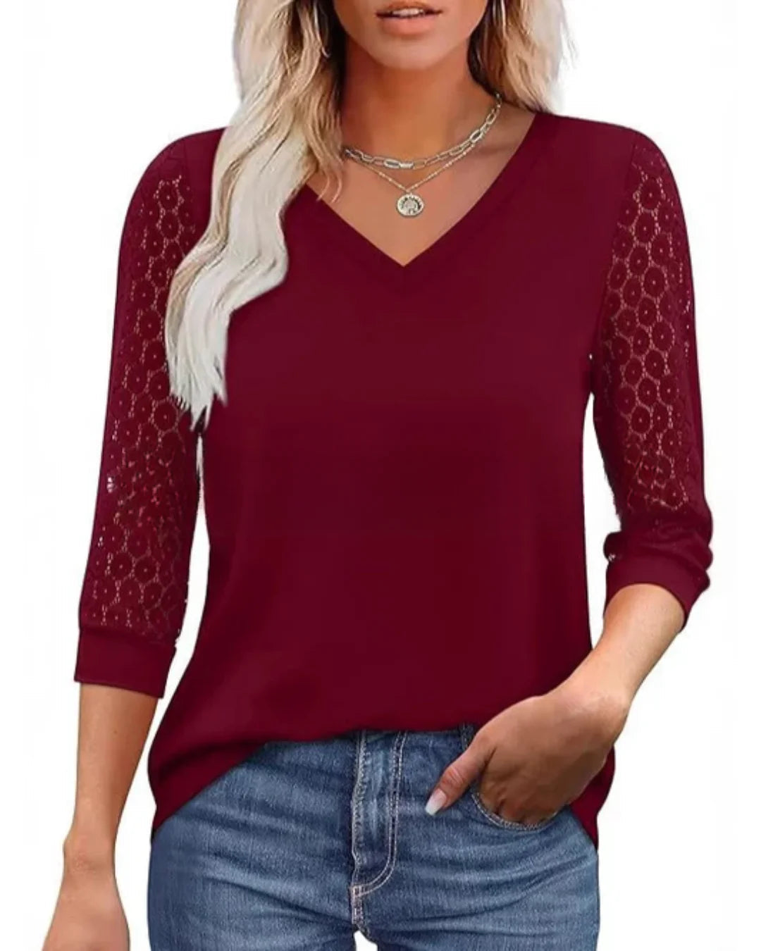 Amélie™ | Lace Sleeve Blouse with Elegant V-Neck - Eliza-Warszawa